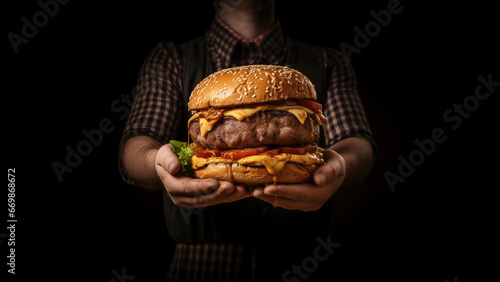 Close-up at person hand is holding and serving a big piece of beef cheese hamburger.. Unhealthy eating and food object. 