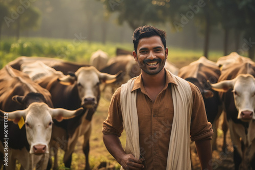 Indian man standing at his dairy farm with cow