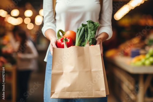 woman holding a full of vegetables paper bag.