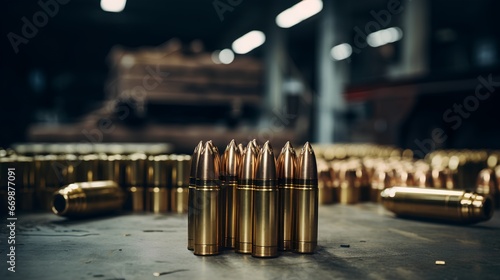 Bullet shells of different sizes for military ammunition production and storage. The brass bullet shells for ammo manufacturing. Military weaponry and ammunition. Factory line with weapon cartridges.