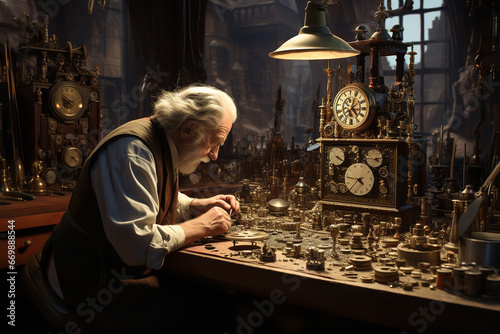 The watchmaker’s workshop is filled with an array of tools, spare parts, and watches in various states of repair or disassembly