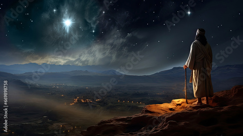 The star shines over the manger of Christmas of Jesus Christ.