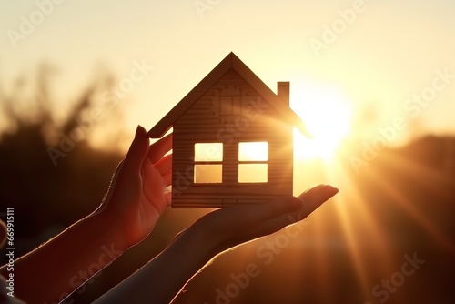 A symbol of your cozy home against the backdrop of the setting sun. Little wooden house in female hand delicately conveying dreams and hopes for secure.