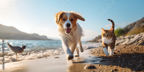 dog and cat friendship, puppy sit play on sunset in sea water on beach wild field AI Generative