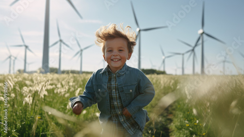 Little child run across a field and play in front of wind turbines.