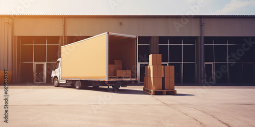delivery shipping courier service van transportation vehicle in logistic distribution center warehouse open door cardboard carton boxes inside concept of send receive unpacking unload discharge