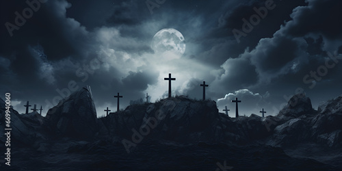 Zombie rising out of a graveyard cemetery in spooky scary dark night full moon bats on dead tree holiday event Halloween banner background concept Cemetery at night with moonlight AI Generative 