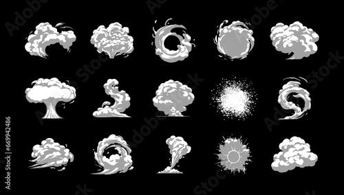 Explosion, burst fire effect of exploded dynamite with energy flashes, and smoke clouds cartoon collection. Vector illustration