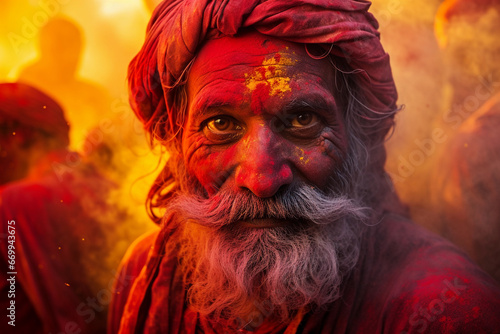Portrait of a sadhu on holi festival, India