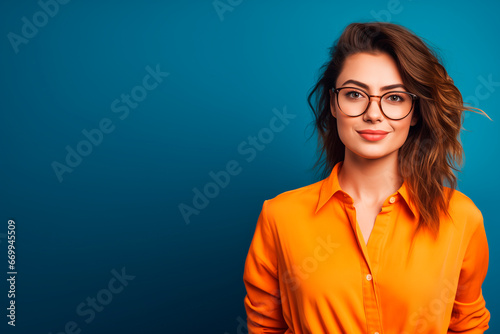a young woman with glasses wear a orange top on blue background 