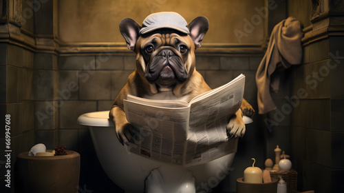 Dog on toilet holding newspaper, looking relaxed
