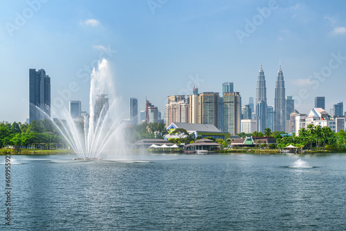 Awesome Kuala Lumpur skyline. Scenic lake and fountains