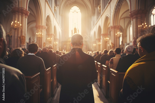 Liturgy In Church, Procession Of Ministers, Bearing Holy Cross to Altar, As Congregation Stands In Wonder, Christians Rejoice In Celebration Of Divine Mass, Hymns Praise God