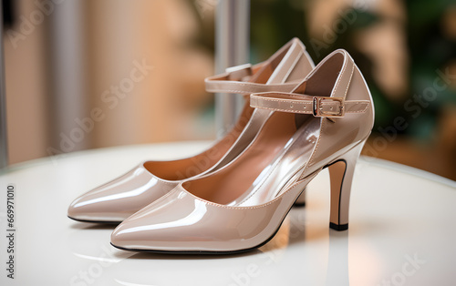 Elegant high heels positioned on a glossy surface with decorative background elements. A representation of timeless fashion and sophistication.