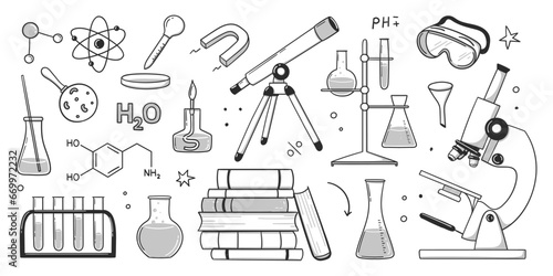 Doodle science, chemistry education school. Hand drawn doodle style. Vector hand drawn line