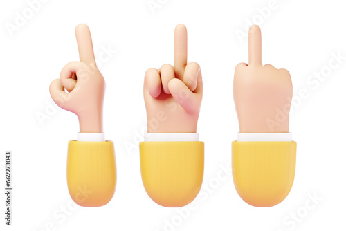 Cartoon human hand showing middle finger gesture, isolated on white background. Concept symbol, icon. Copy space, 3D illustration, 3D render.