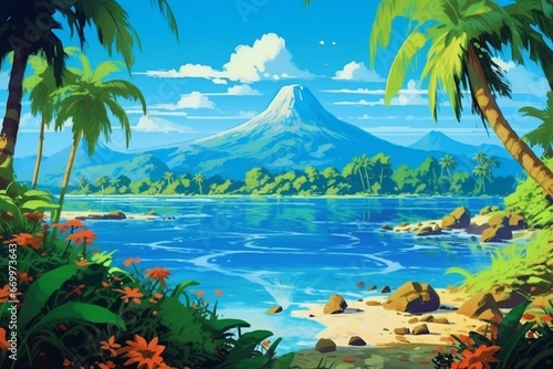 Beautiful scene with tropical trees and mountains against a clear blue sky. Generative AI
