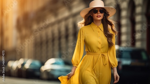 Youthful smart lady wearing yellow maxi dress, dark cap, shades and satchel strolling within the city road. Spring mold furnish, rich see. Also estimate demonstrate