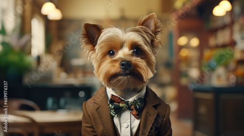 A dog in a suit in an office
