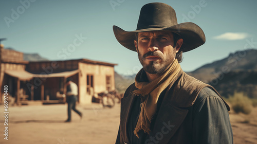 Handsome Cowboy arrives into an old West town in Cinematic Western Scene