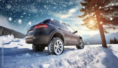 car with winter tires conquers the snowy terrain generative ai
