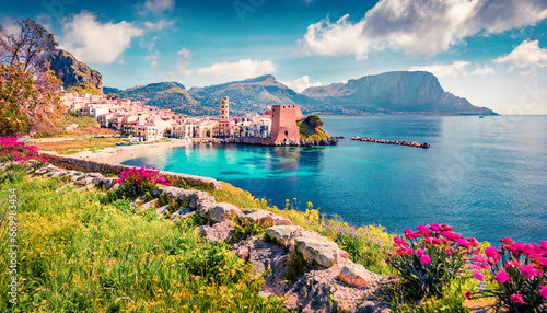 sunny spring view of sant elia village splendid azure water bay on sicily palermo city location italy europe traveling concept background