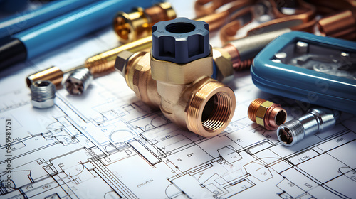 A selection of plumbing tools and fittings on domestic house plans