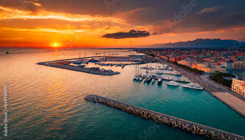 spectacular summer view from flying drone pescara port attractive sunset on adriatic sea breathtaking evening scene of italy europe