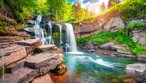 rocky summer view of zhenets kyy huk waterfall fantastic morning scene of carpathian mountains ukraine europe beauty of nature concept background