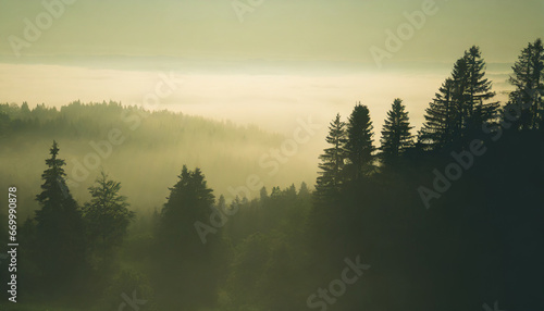 misty morning green gradient dreamy forest silhouette atmosphere phone wallpaper background ai generated