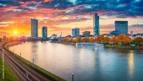incredible autumn sunset on the rhein river spectacular evening cityscape of dusseldorf with medienhafen nordrhein westfalen germany europe traveling concept background