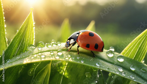 beautiful ladybug on leaf in the morning with the dew of the rising sun