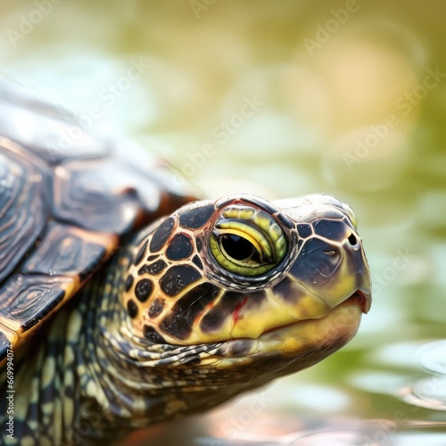 A close up of a turtle with a green eye, AI