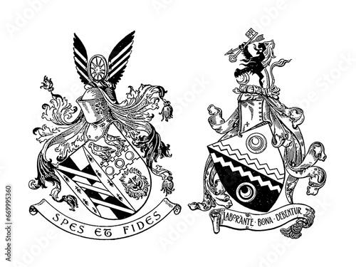 Vector heraldic set of coat of arms with knight helmets in vintage engraved style