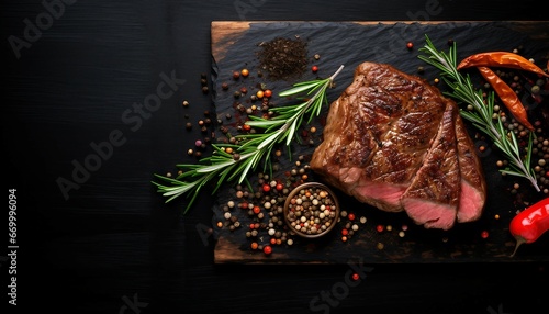 Grilled beef steak with spices on dark black wooden board background , fried raw meat grill dark beef chop food background steak red, Grilled beef steak on a dark background. generative ai