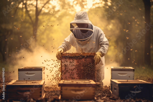Organic honey collection by a beekeeper in protective costume