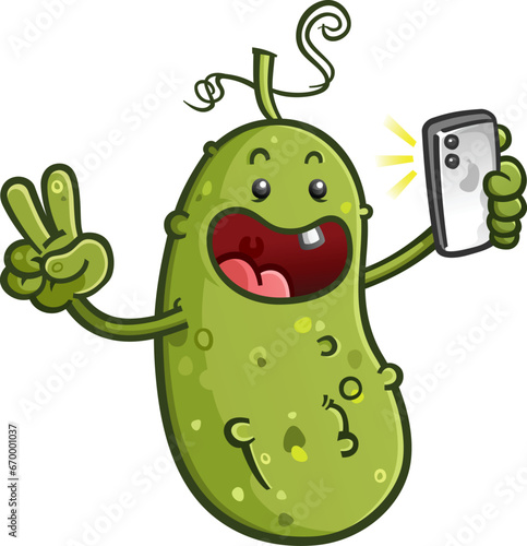 Cute childish pickle baby influencer cartoon character posting to take a selfie with a smart phone camera for their social media followers vector clip art