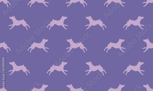 Running miniature pinscher puppy isolated on a violet background. Seamless pattern. Endless texture. Design for wallpaper, fabric, template, printing. Vector illustration.