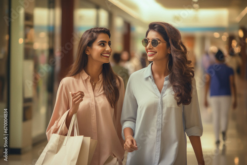 Indian young female friends holding shopping bags