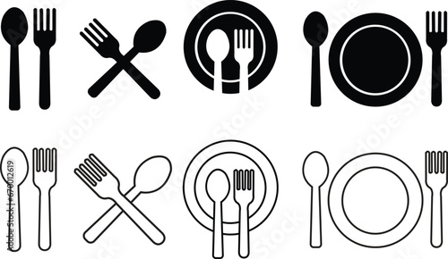 Set of Spoon, fork and plates restaurant icons Flat vector illustration. Lunch dinner symbols editable stock. Spoon and fork for eating icons for apps and websites isolated on transparent background.