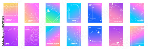Minimal style posters with colorful, geometric shapes, frame, sparkle. Modern wallpaper design