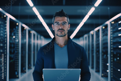 In the Modern Data Center, Portrait of IT Engineer Standing with Server Racks Behind Him, Holding Laptop and Looking at the Camera, Finishing Doing Maintenance and Diagnostics Procedure