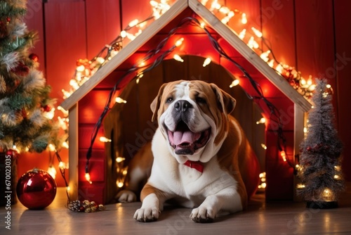 decorated doghouse with festive lights