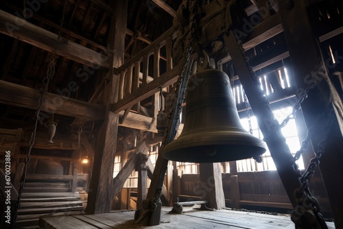 large bronze church bell swinging in a belfry