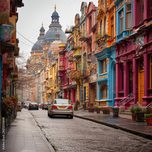 Cobblestone street with vibrant colorful buildings, car parked, leading to a historic dome-topped structure in a misty European city