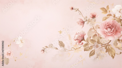 Minimalist wallpaper with golden flowers and botanical leaves.
