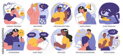Insomnia set. Diverse characters suffering from sleep deprivation. Sleep and mental disorder. Sleep hygiene and stages. Circadian rhythm maintaining. Flat vector illustration.
