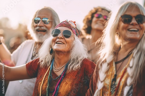 Smiling group senior hippies happy crowd. Dance funny adult leisure. Generate ai