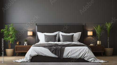 Bellissima camera da letto con toni grigio scuri e atmosfera elegante e minimalista
