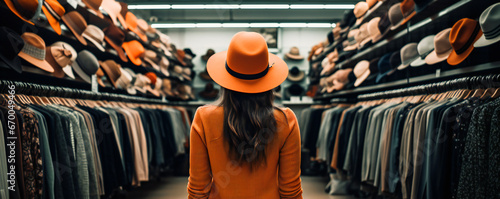A young woman with a hat in a clothes store, view from behind